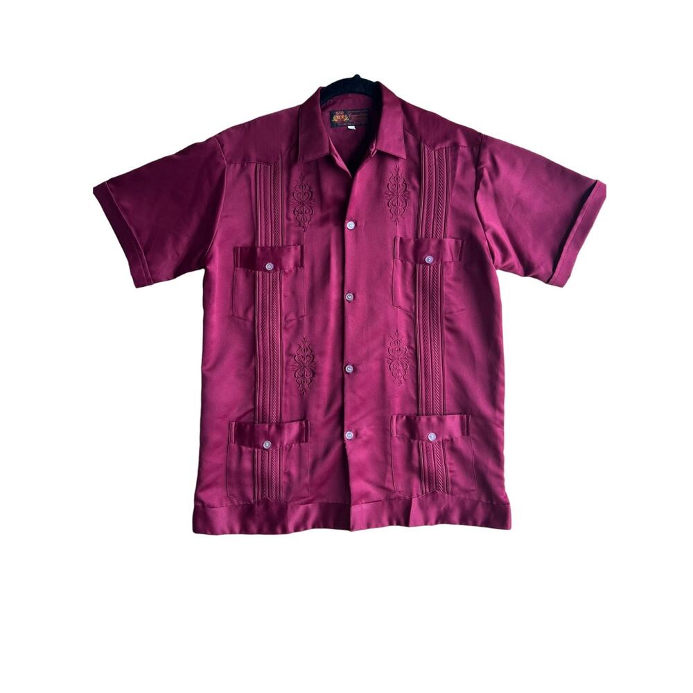 Guayabera Yucatecas Vintage Boy's Embroidered Cuban Button Up Shirt Maroon Sz 14